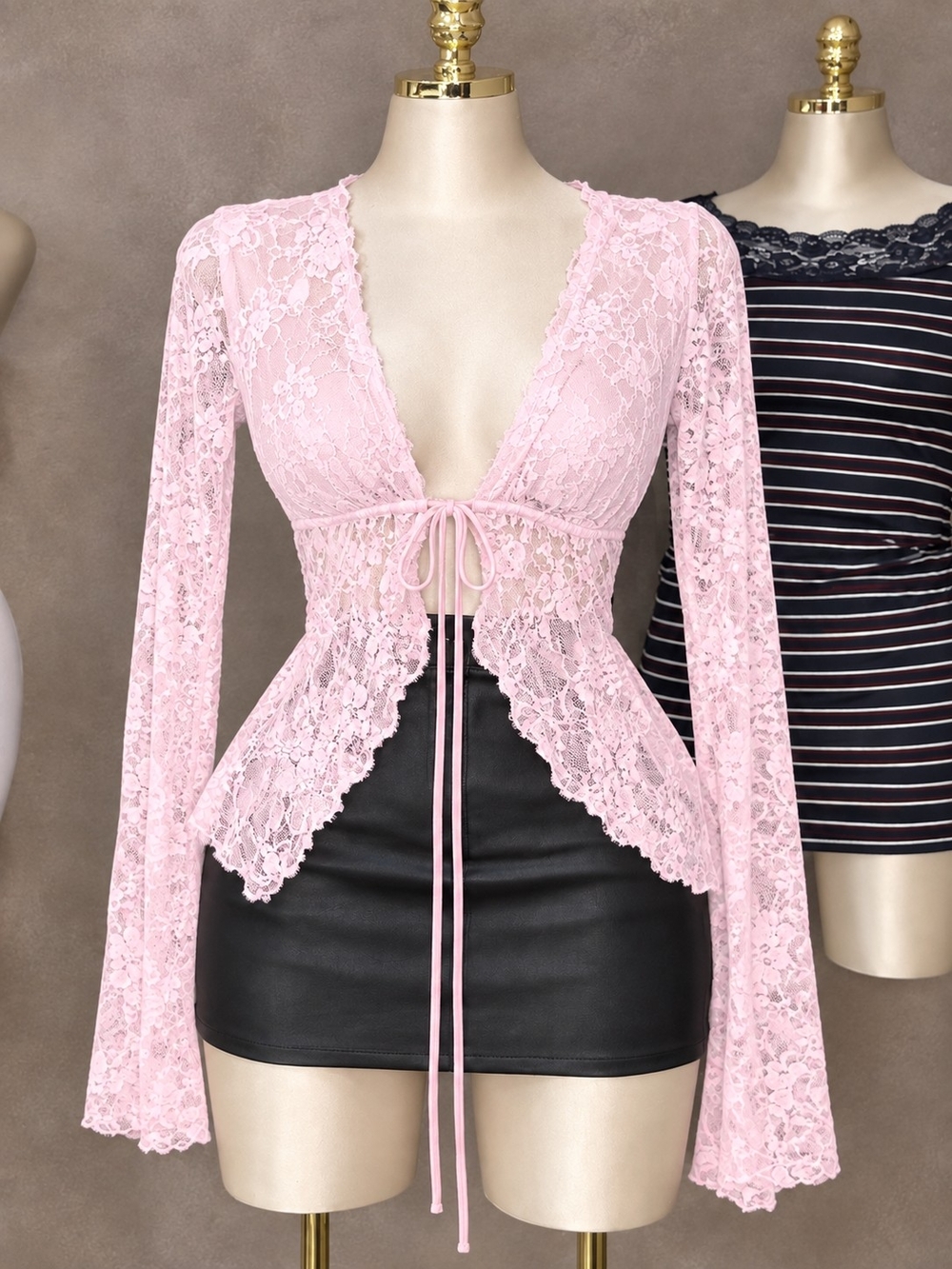 Delicate Lace Tie-Front Top in Light Pink